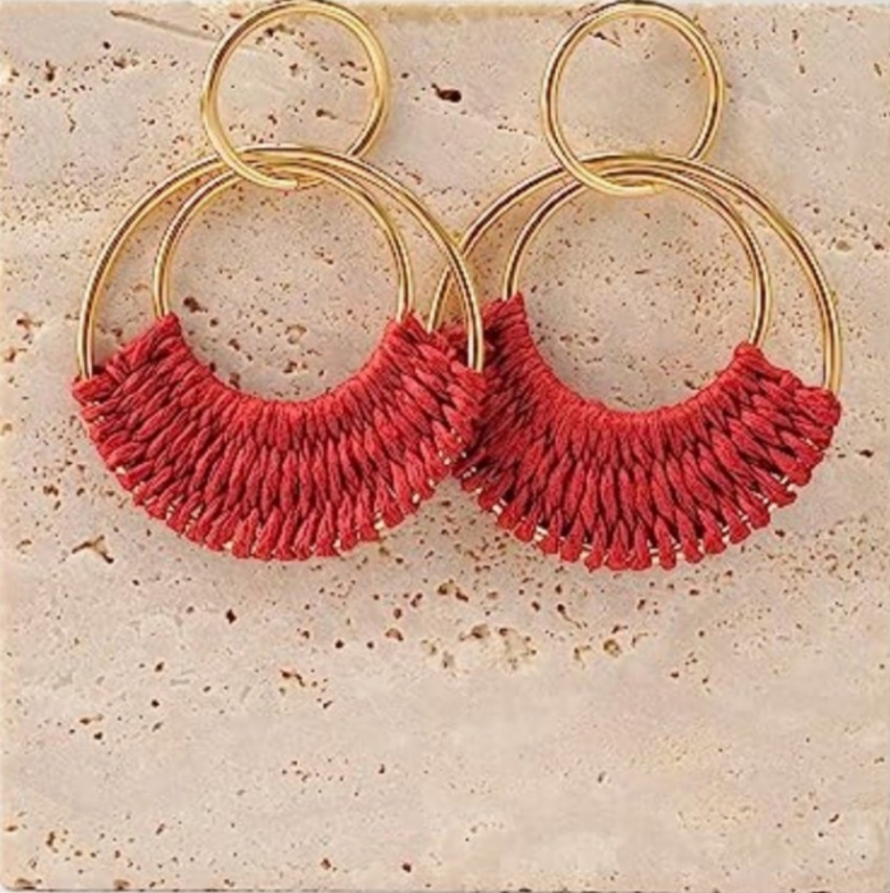 Red Woven Raffia Gold Hoop Earrings Wicker Hoops Links Post Vacation Style New